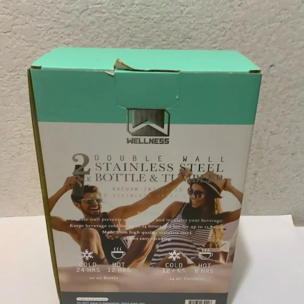 NIB WELLNESS 3-PACK DOUBLE WALL WINE BOTTLE & TUMBLER SET INSUL. BLACK MARBLE